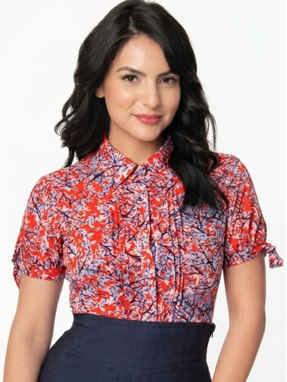 Unique Vintage Red Floral Branch Print Pintuck Blouse Button Up 1940s Style M - Picture 1 of 11